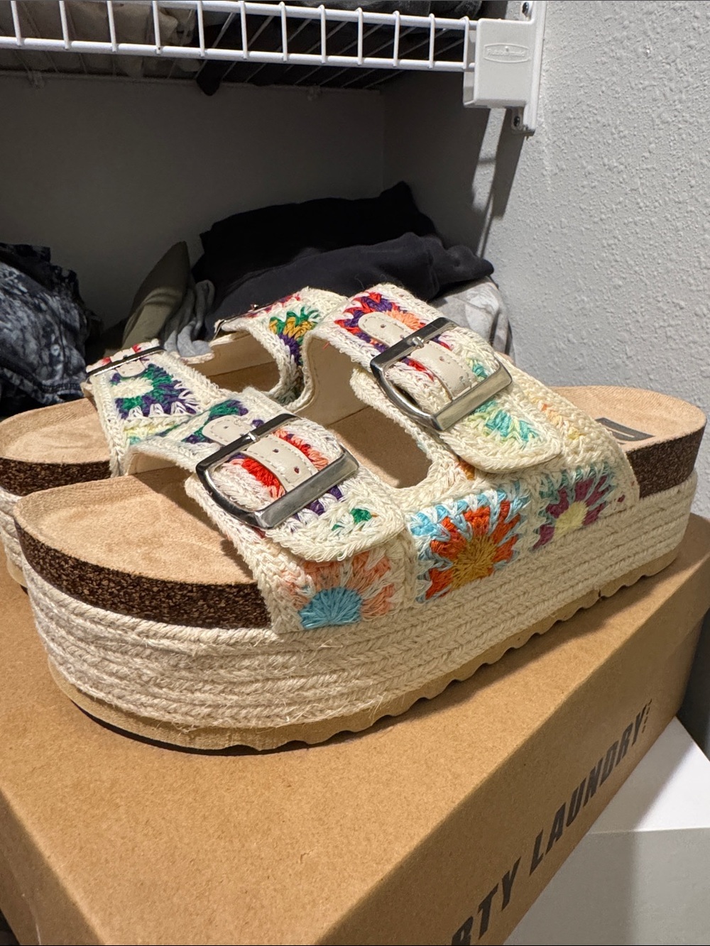 Platform Crochet Slide Sandals in Cream with Multicolor Embroidery
